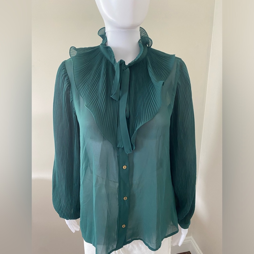 Zara WMN’s Elegant Green Pleated Long Sleeve Ruffled Blouse Size Small